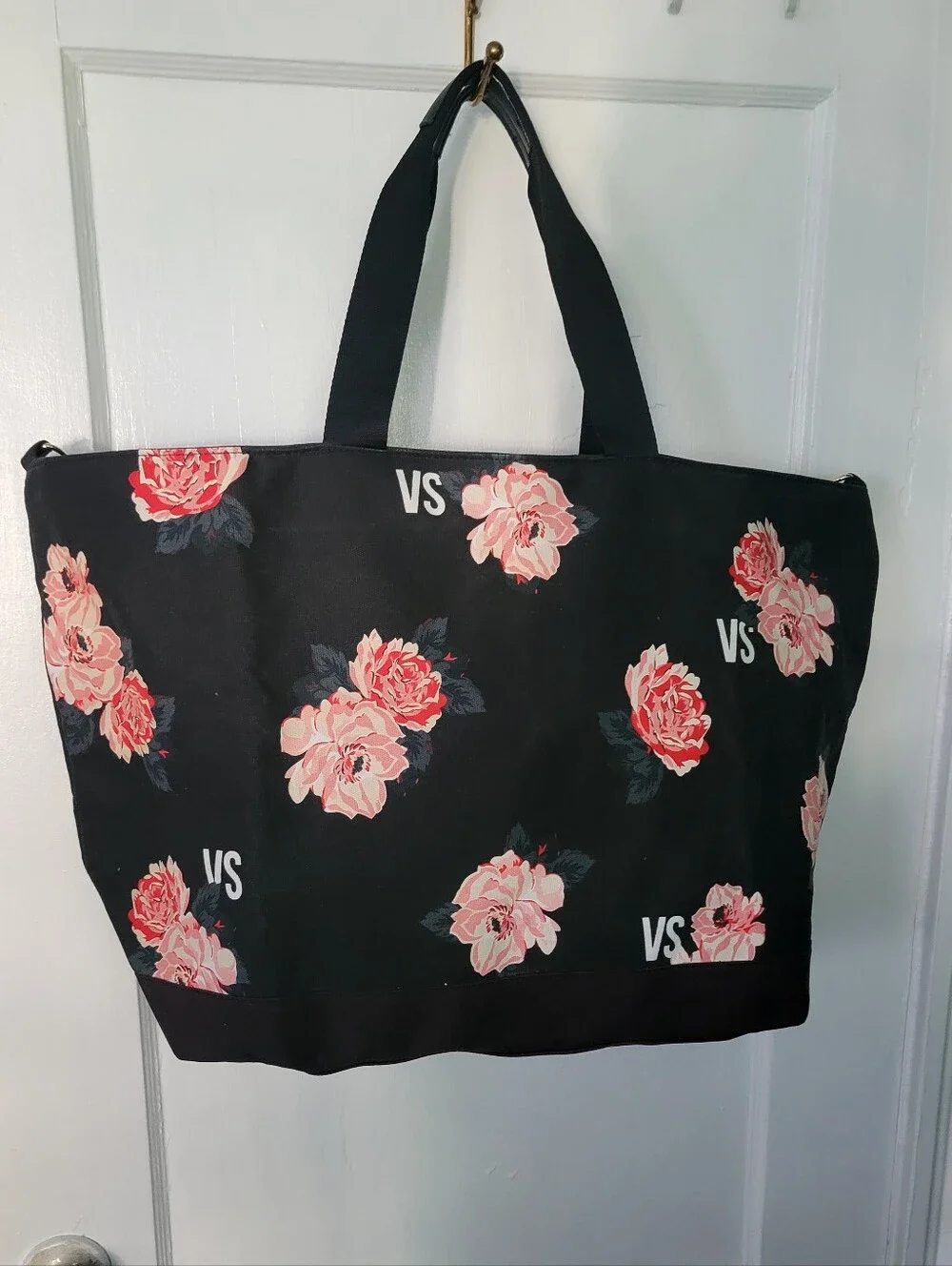Victoria's Secret Black Tote with Pink Floral Print Shoulder Bag
